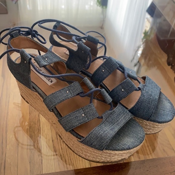 Steve Madden “Brayla” Sandal espadrilles like denim material lace up sandals 6M - Picture 1 of 5